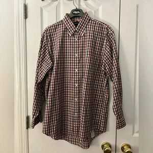 Lands End Mens 15.5Neck Red Black Checkered Button Down Shirt